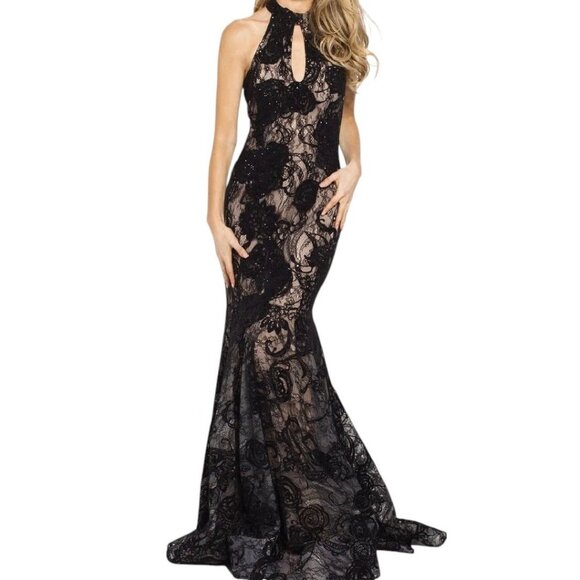 Jovani Nude Embellished Black Lace Nude Evening Dress Size 12 Floor-Length Gown - Picture 1 of 15